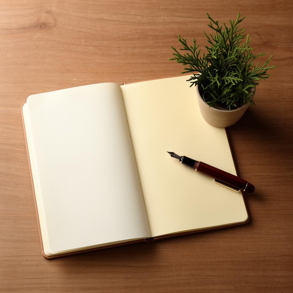 Open ledger and pen on a wooden desk
